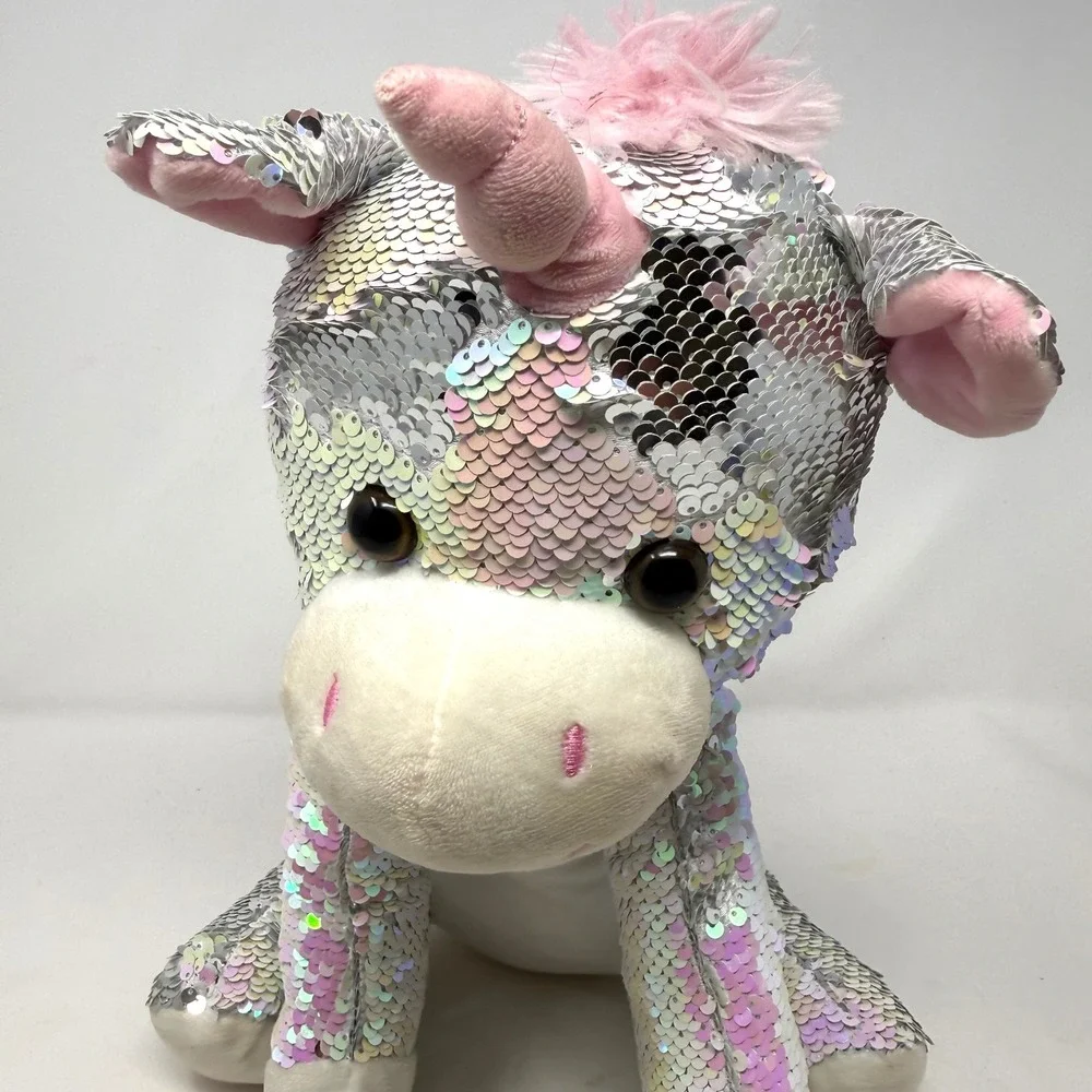 Goffa Reversible Sequin Unicorn Plush Silver Iridescent Pink 15 Inch Toy